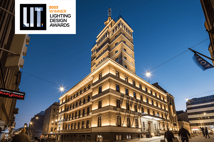 Solo Sokos Hotelli Tornin julkisivuvalaistus LIT Lighting Design Awards voittaja 2023!